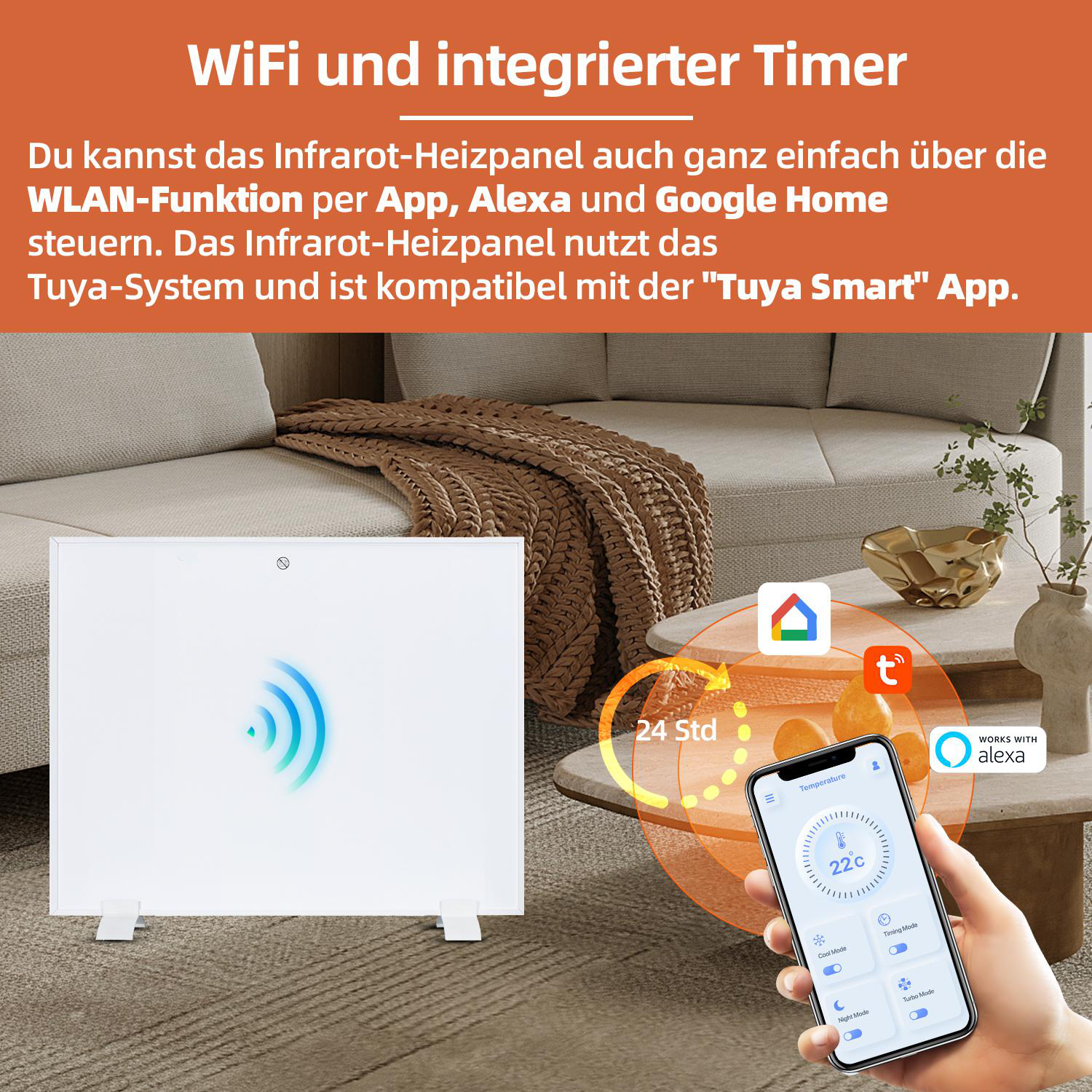 Weißer Heizkörper mit Handy, das Temperaturregelung und Smart-Home-Integration zeigt.