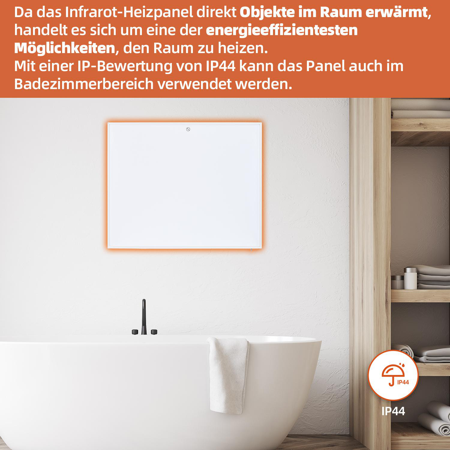 Ein weißes Infrarot-Heizpaneel über einer Badewanne, mit Text, der seine Verwendung in Badezimmern erklärt.