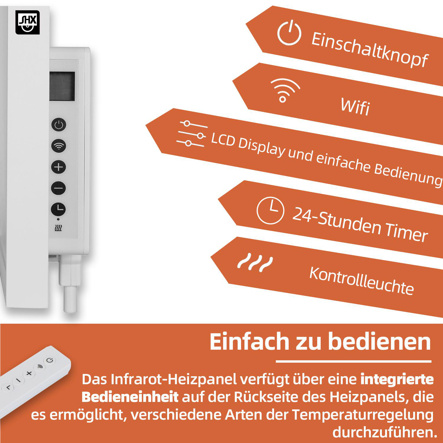 Weißes Infrarotpaneel mit Steuertasten, Fernbedienung und Symbolen, die Funktionen wie WLAN und Timer zeigen.