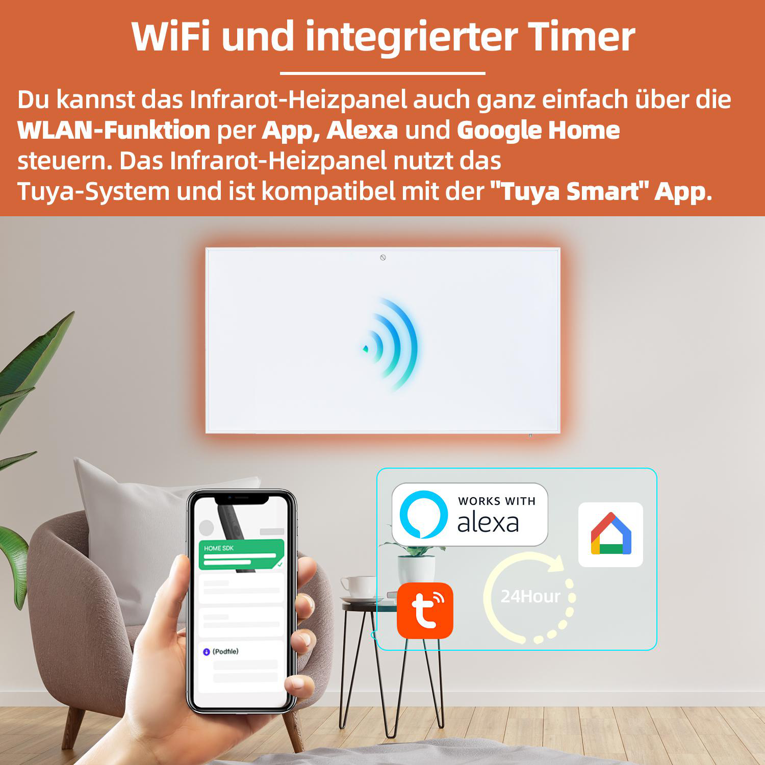 Illustration eines Smart Home Setups mit Bedienfeld, Smartphone und Smart Home Geräten.