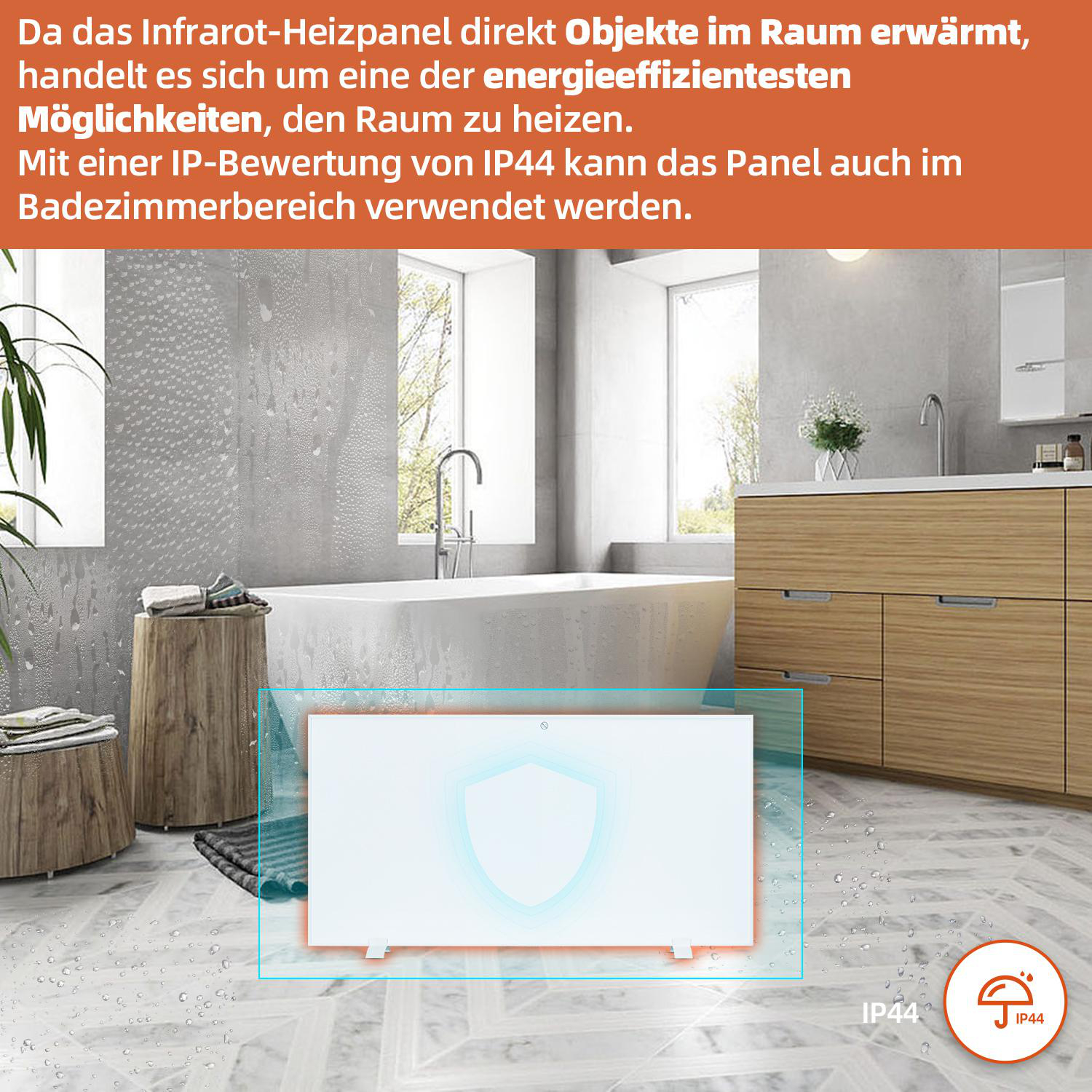 Badezimmer-Szene mit Heizung. Weißer Heizkörper mit blauem Schildsymbol.