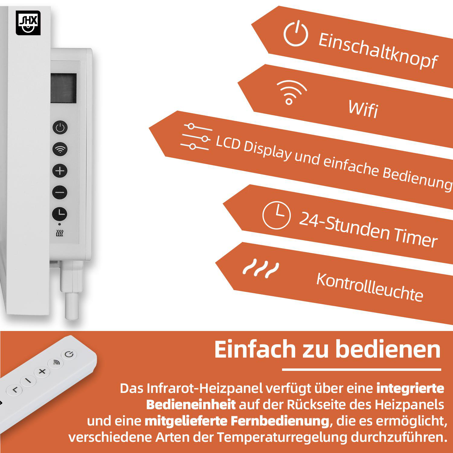 Weißer Heizkörper mit beschrifteten Funktionen. Fernbedienung unten.