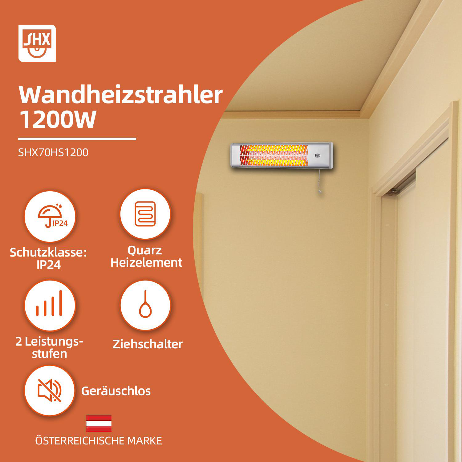 Wandheizung mit Text und Symbolen auf orangefarbenem Hintergrund.