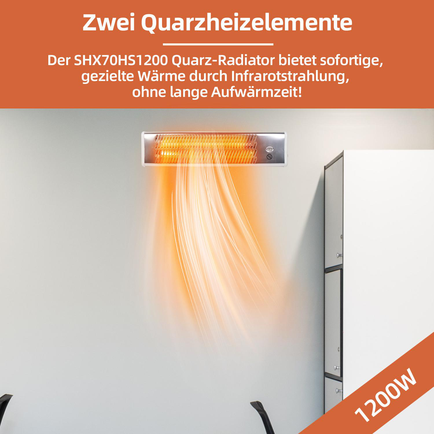 Ein wandmontierter Heizkörper mit orangefarbenem Glühen und einem Etikett mit der Angabe 1200W.