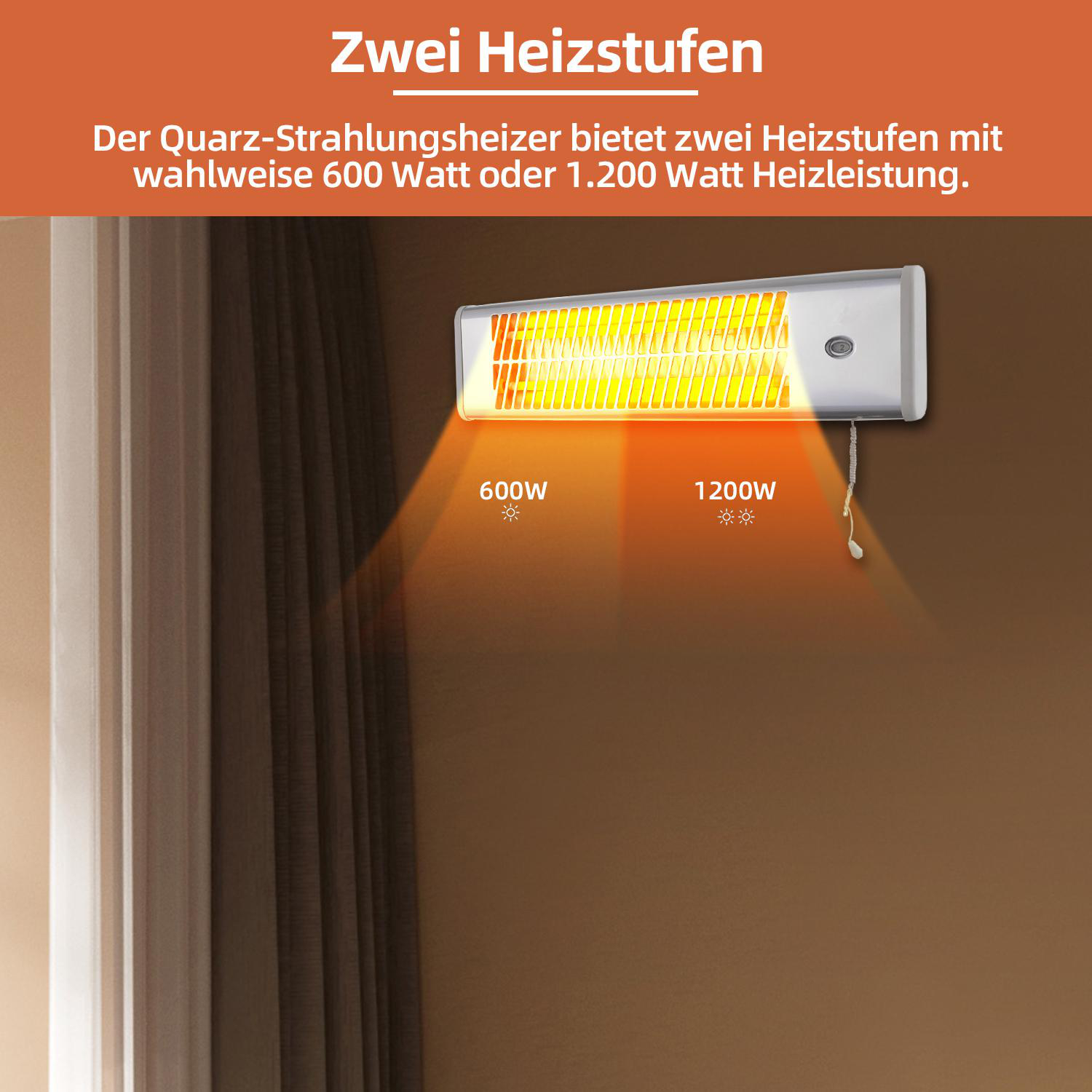 Infrarotheizung an einer braunen Wand, Text mit zwei Heizstufen (600W, 1200W).