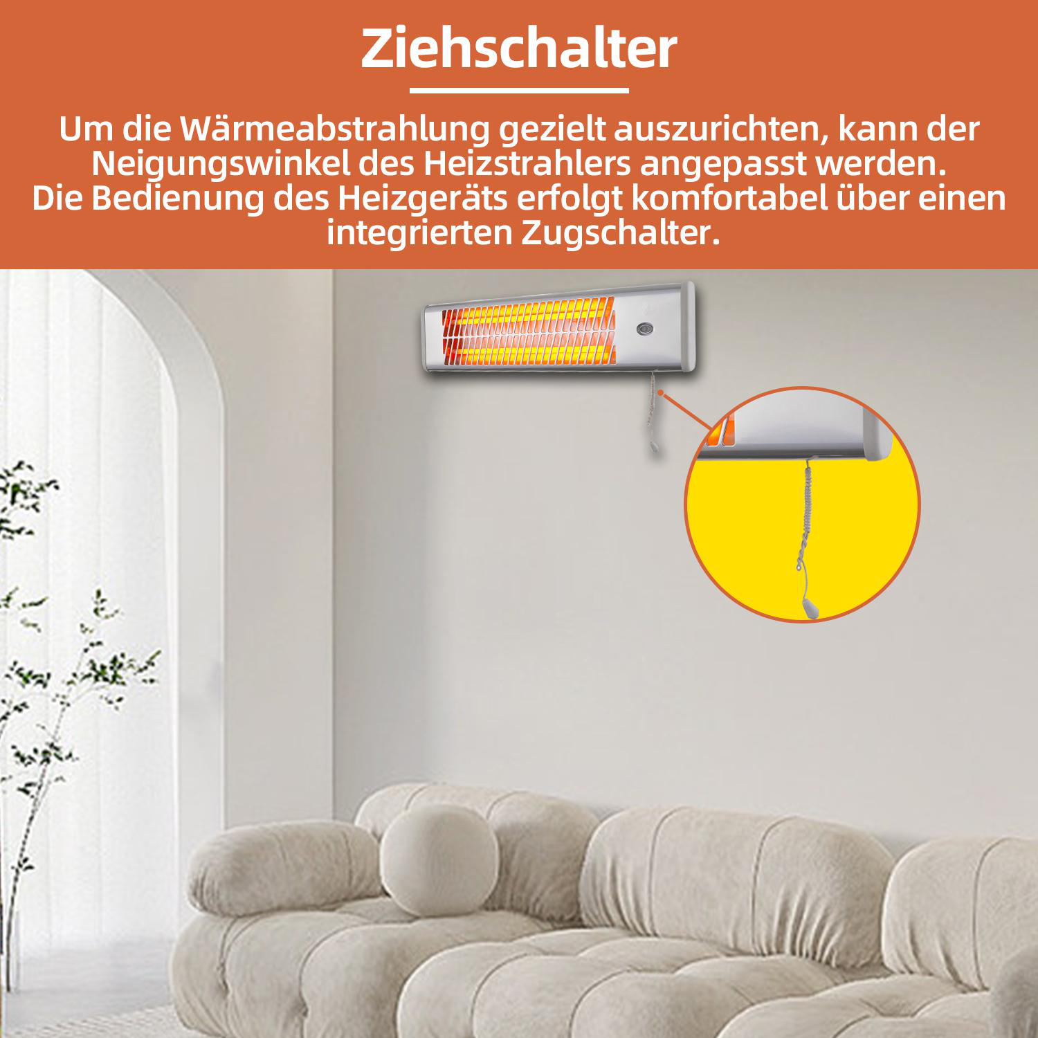 Ein wandmontierter Heizkörper mit deutschem Text und einem Sofa im Hintergrund.
