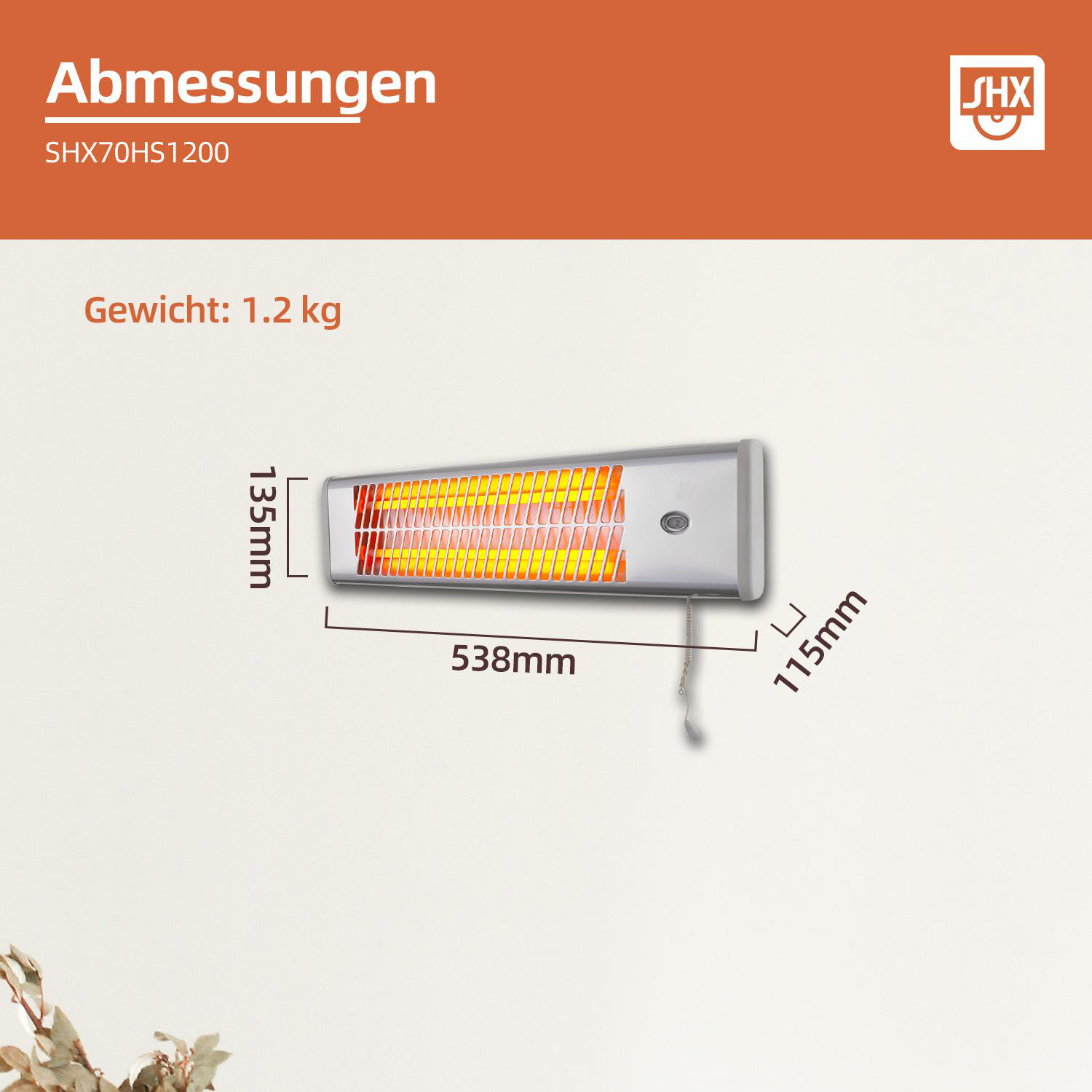 Infrarotheizung mit Abmessungen, Text auf Deutsch.