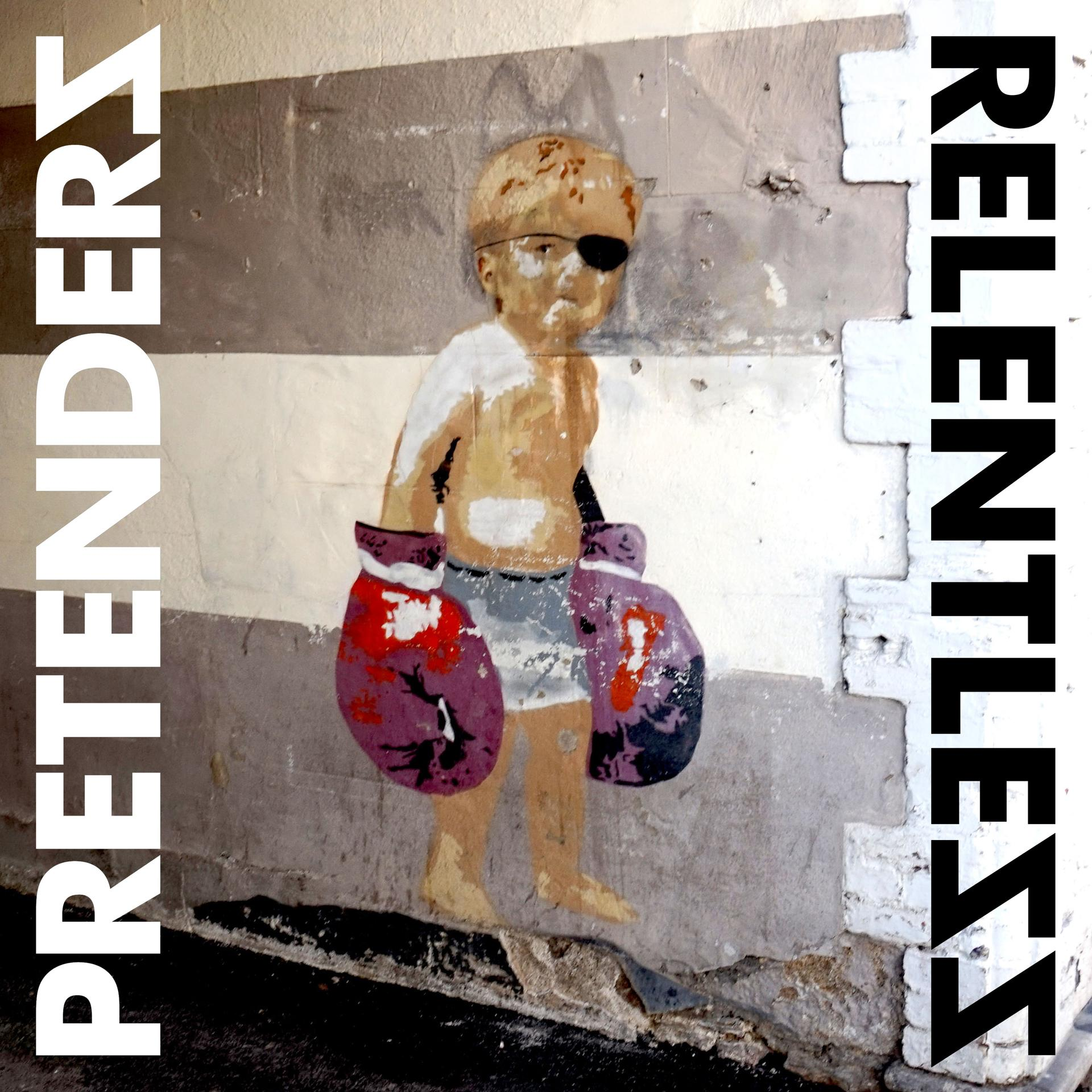 Utcaművészet egy gyerekkorú bokszolóról, szemfedővel, kesztyűvel. Szavak: Pretenders, Relentless.