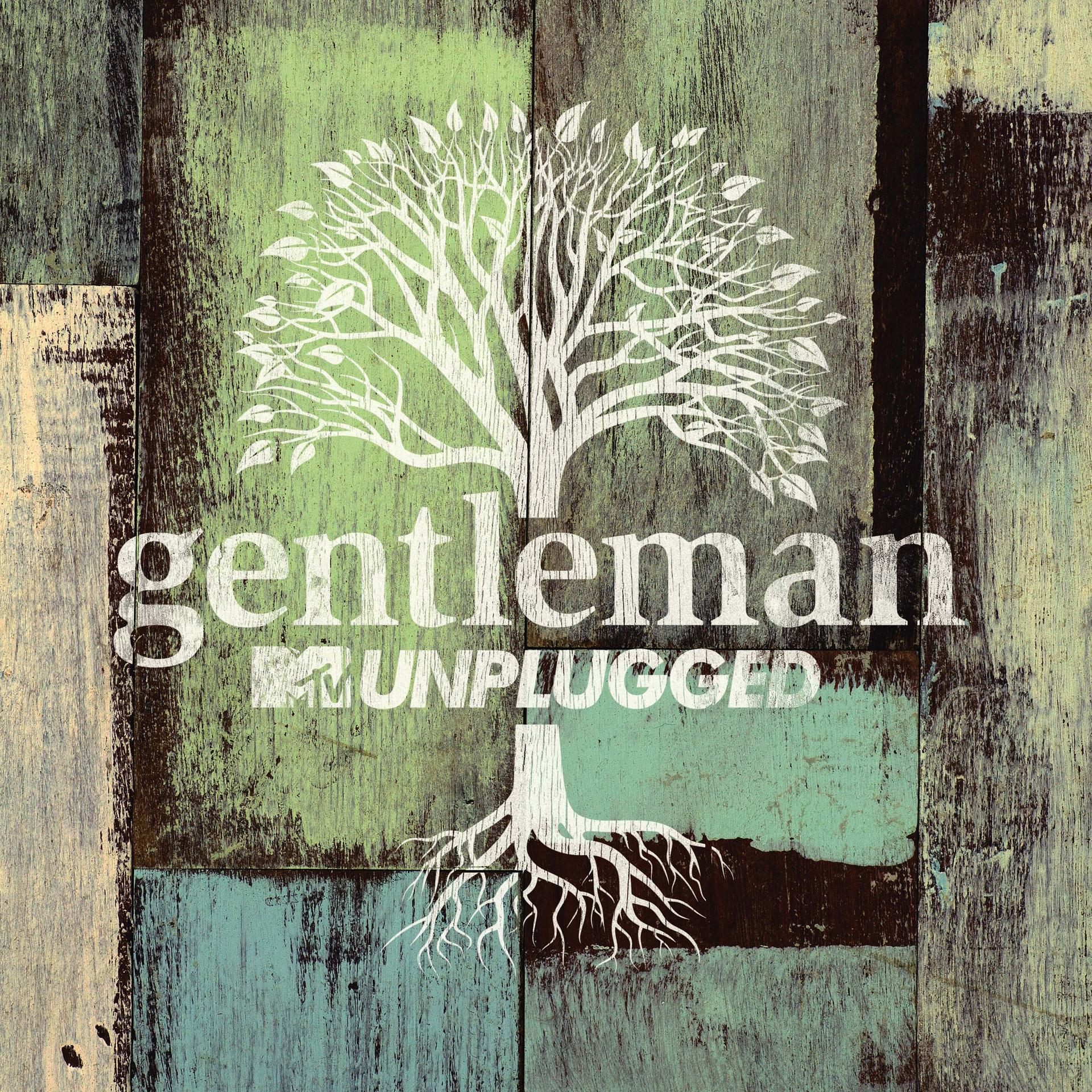 Albumcover mit Baum, Wort 'Gentleman' und rustikalem Holz-Hintergrund.