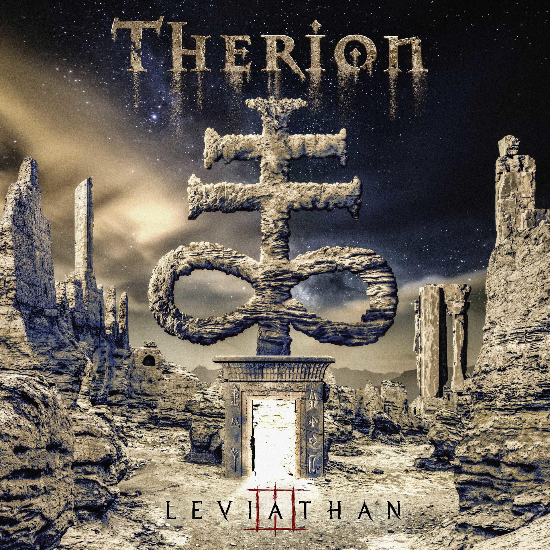 Albumcover mit komplexem Symbol und Text THERION LEVIATHAN III, Fantasielandschaft.