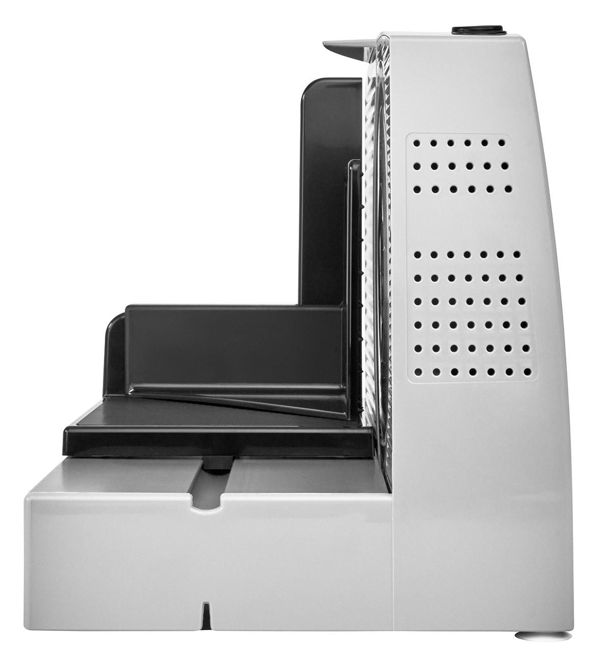 Eine weiß-graue Bindemaschine, Seitenansicht, mit perforierten Löchern.