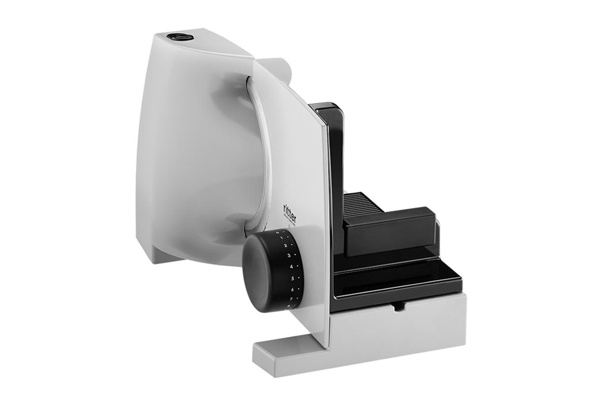 Weiß-graue Fleischschneidemaschine mit schwarzen Details auf weißem Hintergrund.