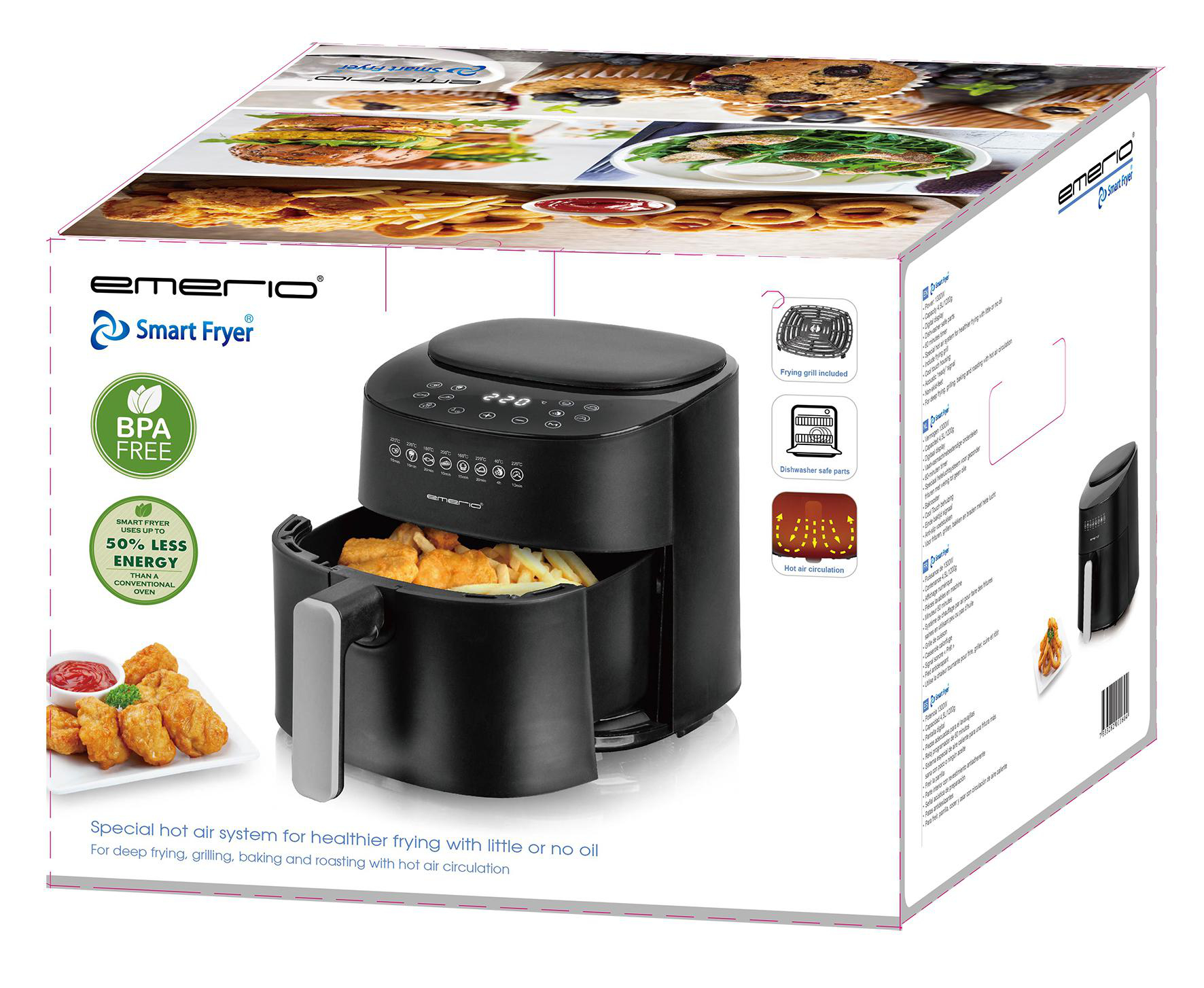 Eine schwarze Heißluftfritteuse mit einem Frittierkorb und einer Box.