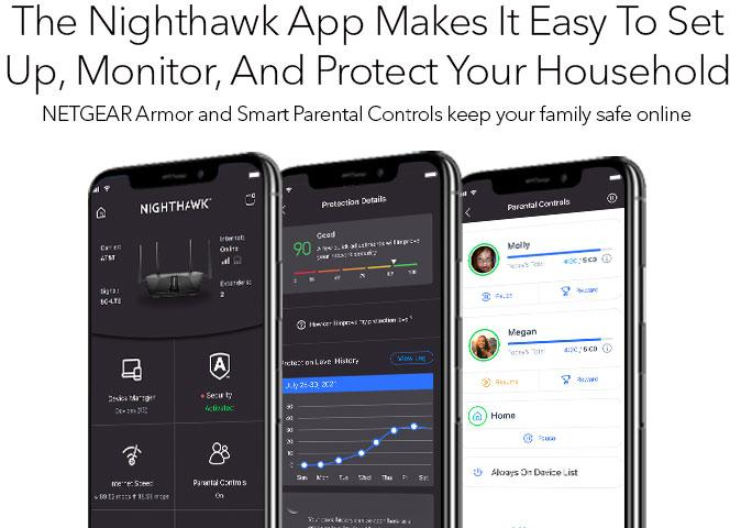 Drei Smartphones zeigen die Nighthawk-App mit Heimnetzwerkeinstellungen.