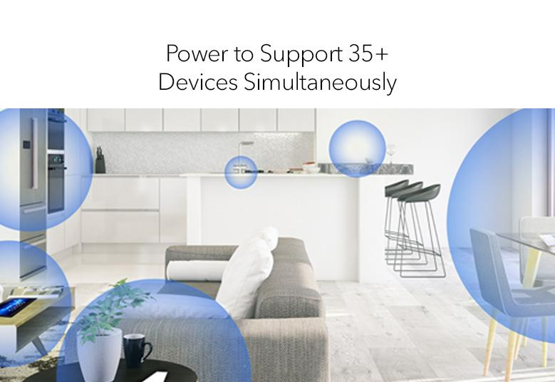 Eine moderne Küche mit Text: Power to Support 35+ Devices Simultaneously.