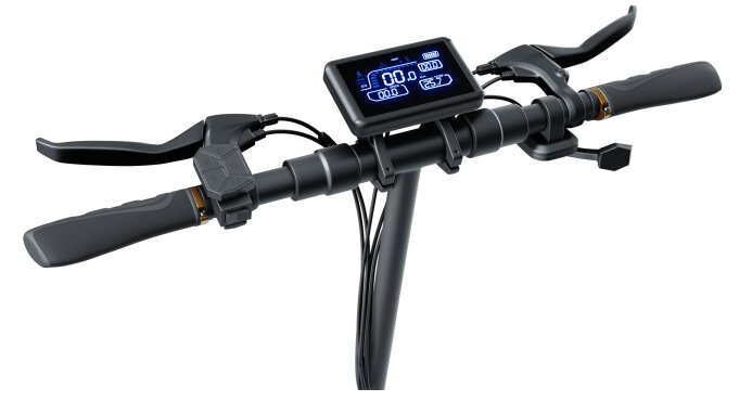 Kierownica hulajnogi elektrycznej z wyświetlaczem, hamulcami i chwytami.