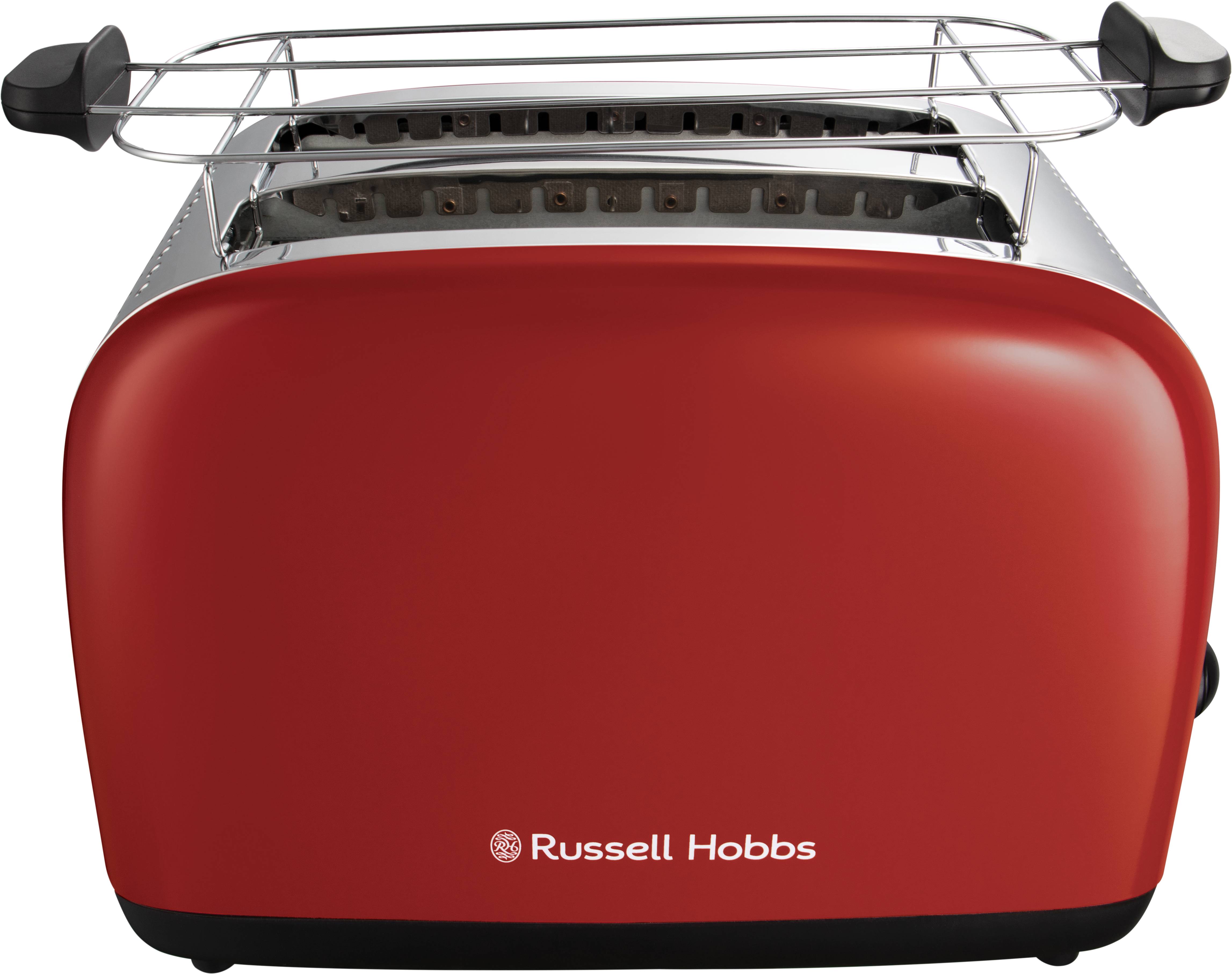 Egy piros kenyérpirító króm tetővel. A Russell Hobbs márkanév látható az elején.