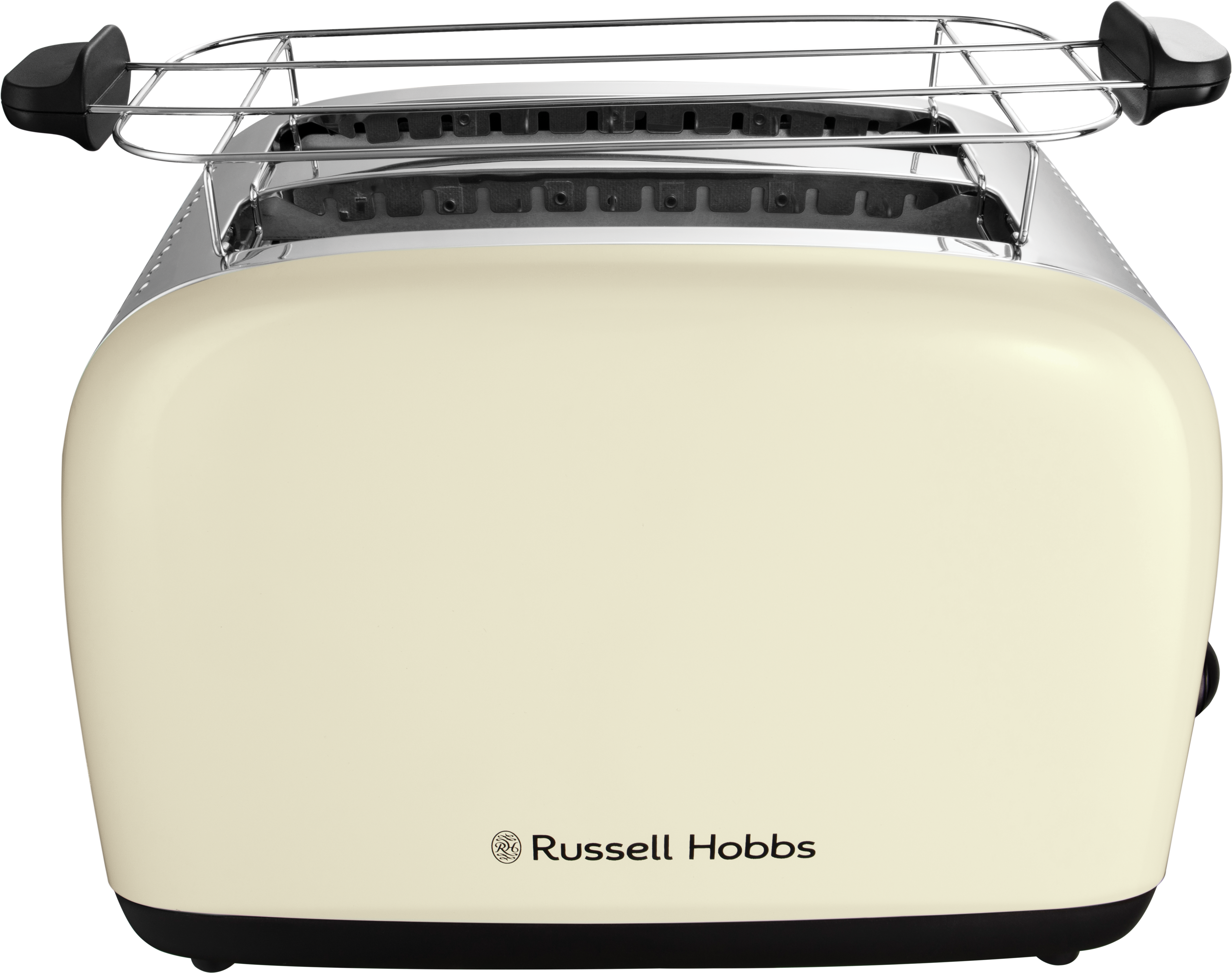 Krémszínű kenyérpirító króm tetővel, a 'Russell Hobbs' márkanévvel.