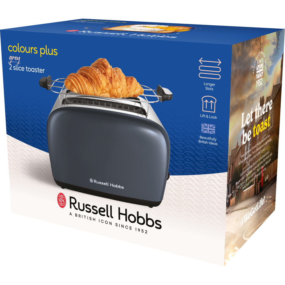 Pirítós doboz pirítóssal és croissant-okkal, szöveggel és ikonokkal.