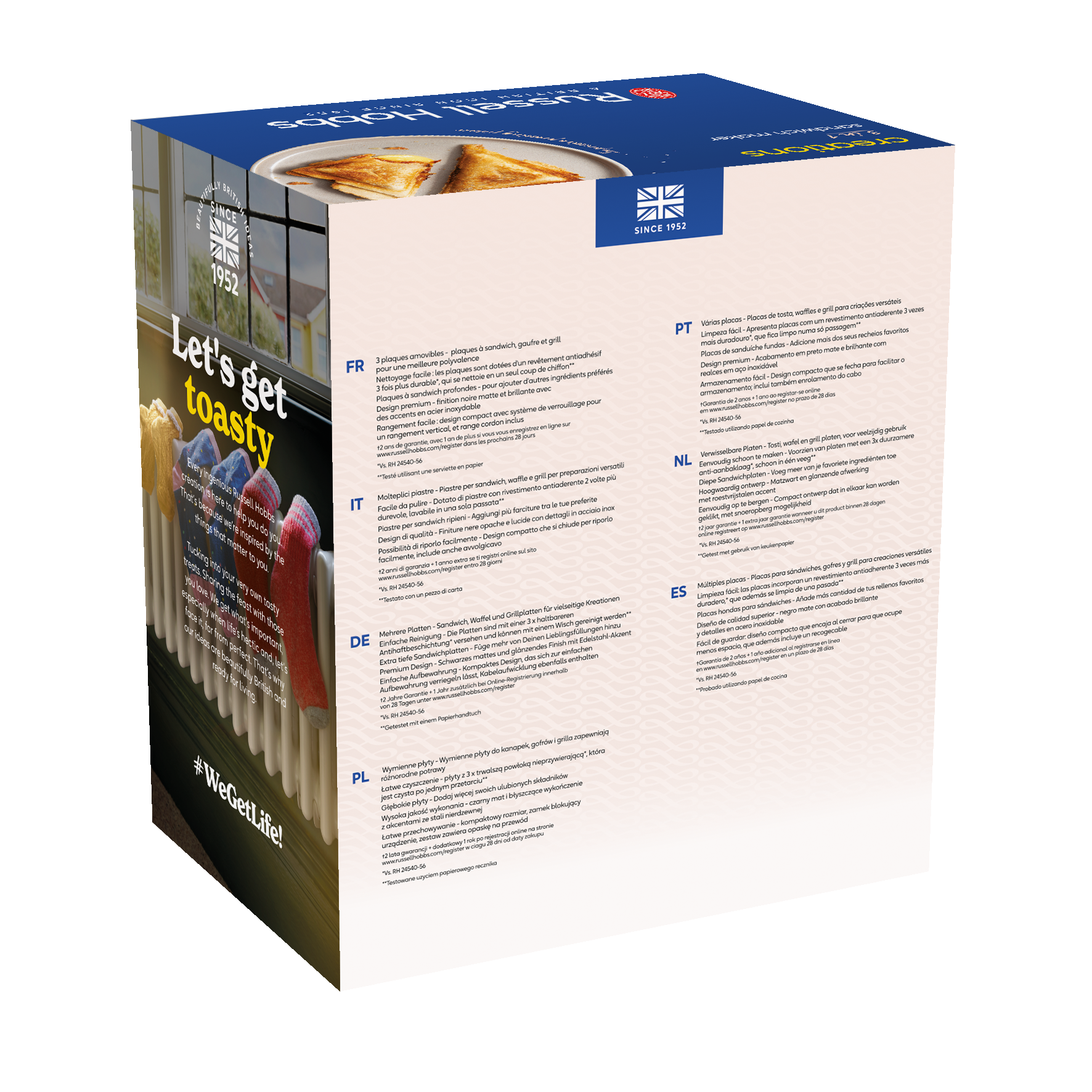 Doboz több nyelven szöveggel, kenyérpirítót mutat. Kék és fehér design.