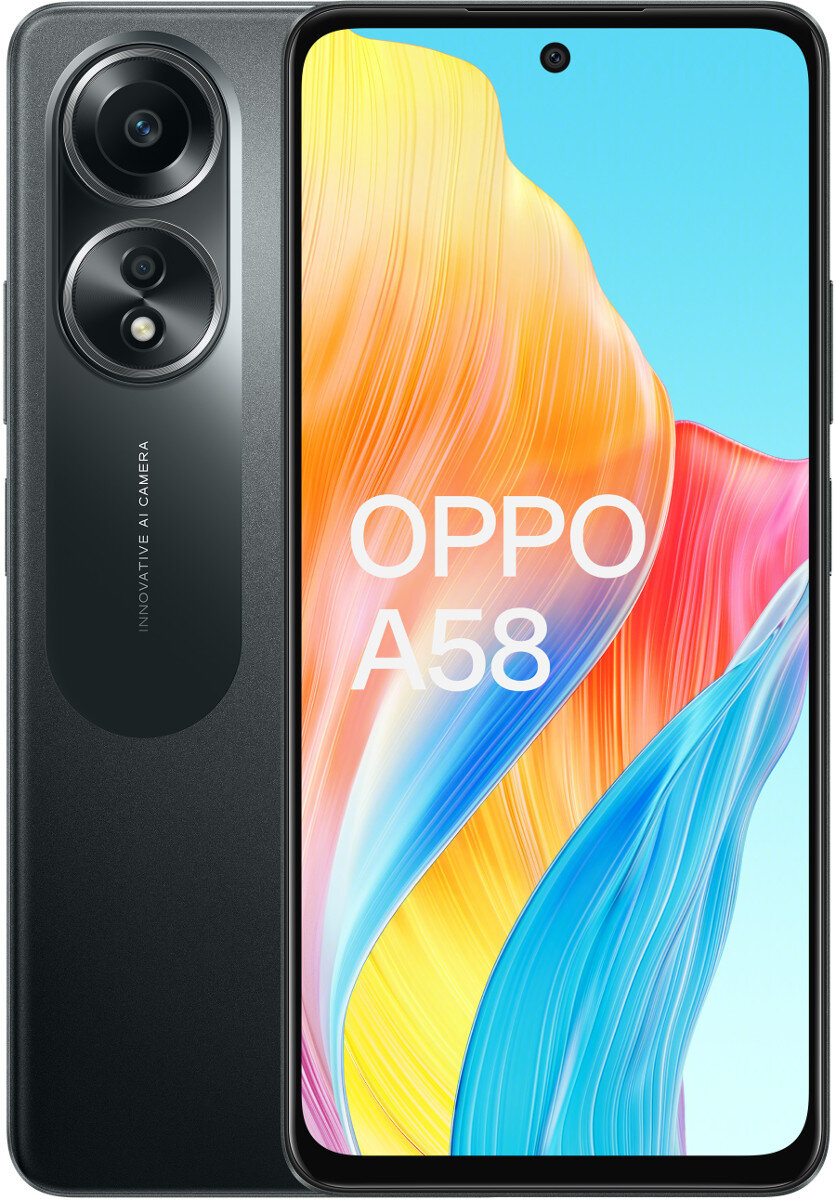 Czarny i szary telefon Oppo A58. Telefon ma duży ekran z kolorami.