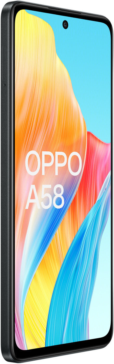 Czarny telefon z logo OPPO A58 na ekranie. Ekran ma kolorowe tło.