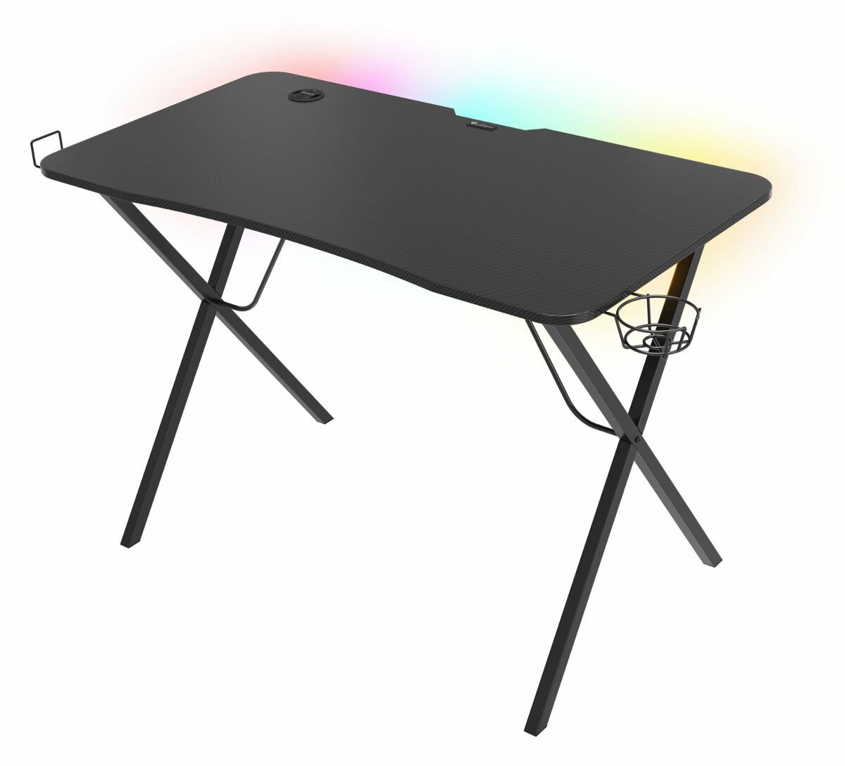 Czarny stół do gier z oświetleniem RGB i uchwytem na kubek.