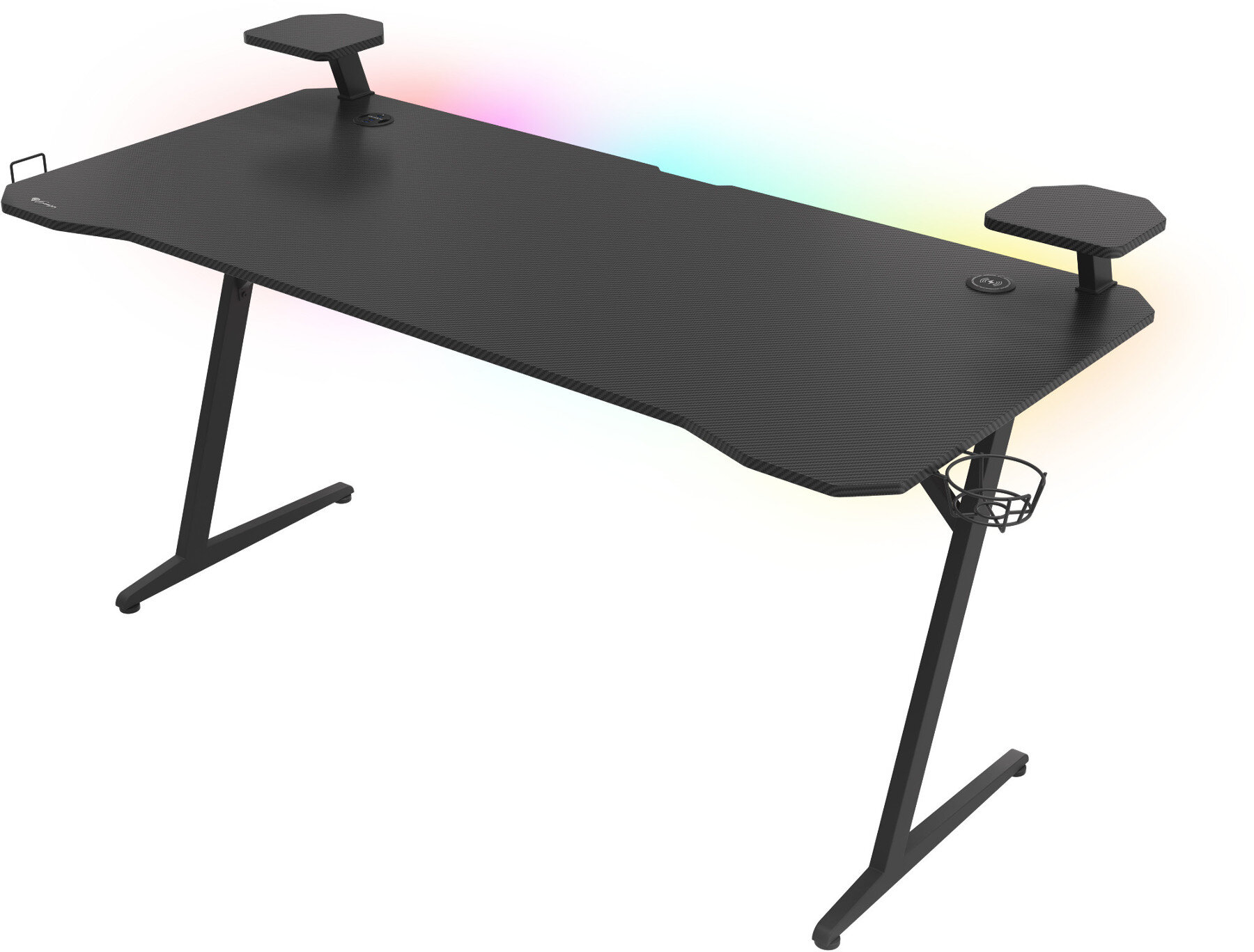 Czarny stół do gier ze światłami, z dwoma platformami i uchwytem na kubek.