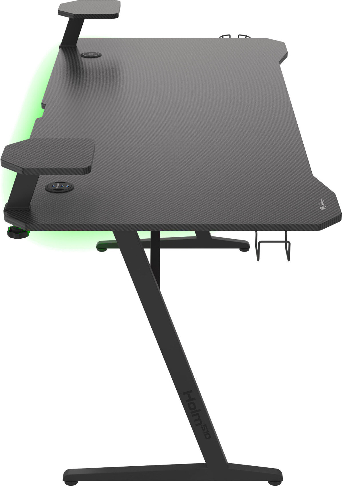 Biurko do gier, nogi w kształcie litery Z, zielona poświata.