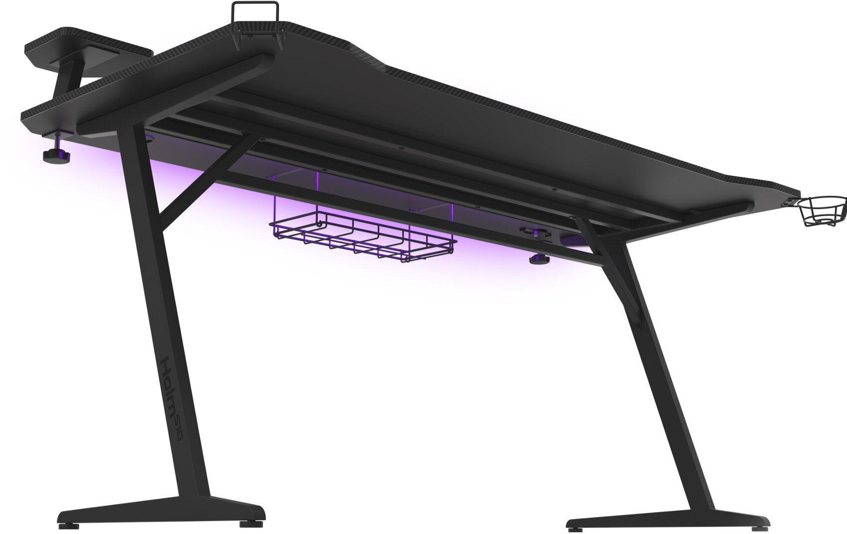 Czarny stół do gier z ramą w kształcie litery Z, uchwytem na kubek i fioletowymi światłami LED.