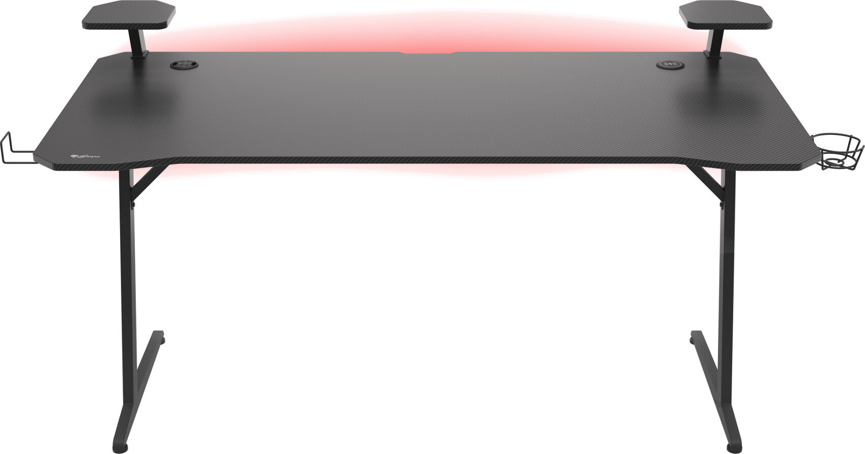 Czarny stół do gier z fakturą włókna węglowego, dwoma bocznymi półkami i czerwonymi światłami LED.