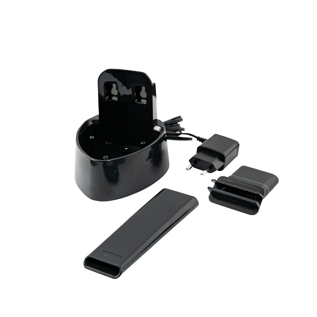 Czarna stacja ładująca z akcesoriami na białym tle; wtyczki i podstawa.