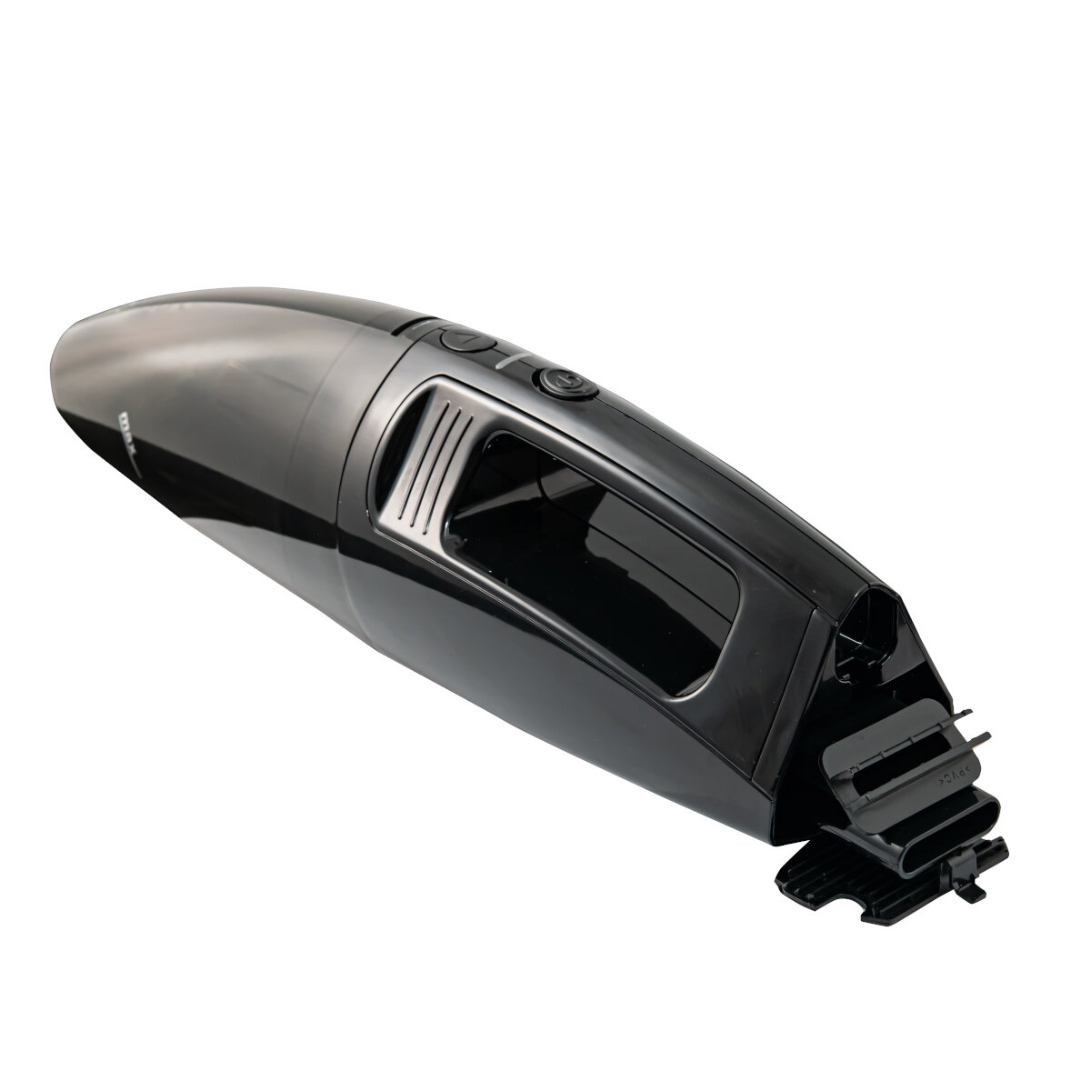 Czarny odkurzacz ręczny z odłączaną dyszą. Białe tło.