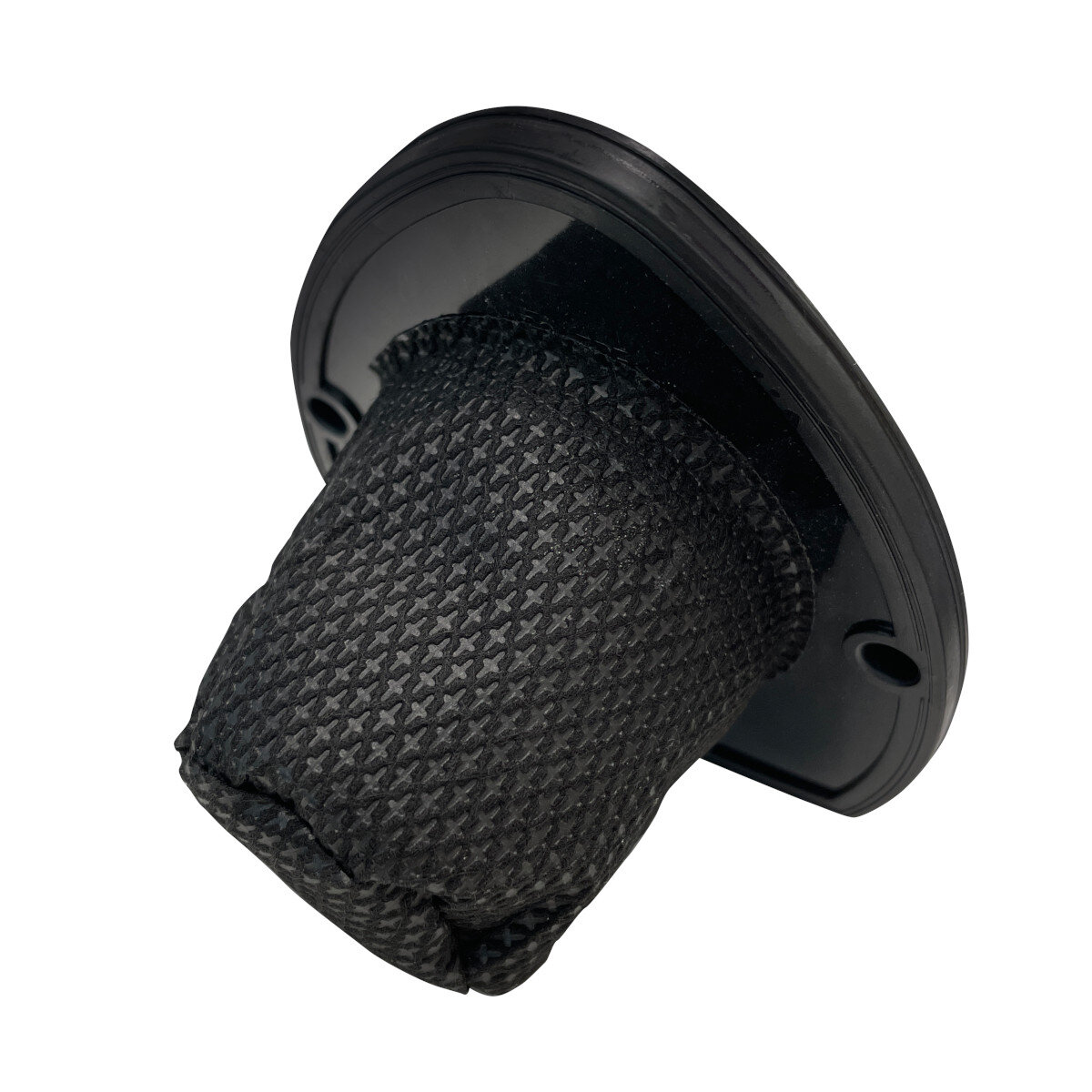 Czarny element filtra do odkurzacza na białym tle.