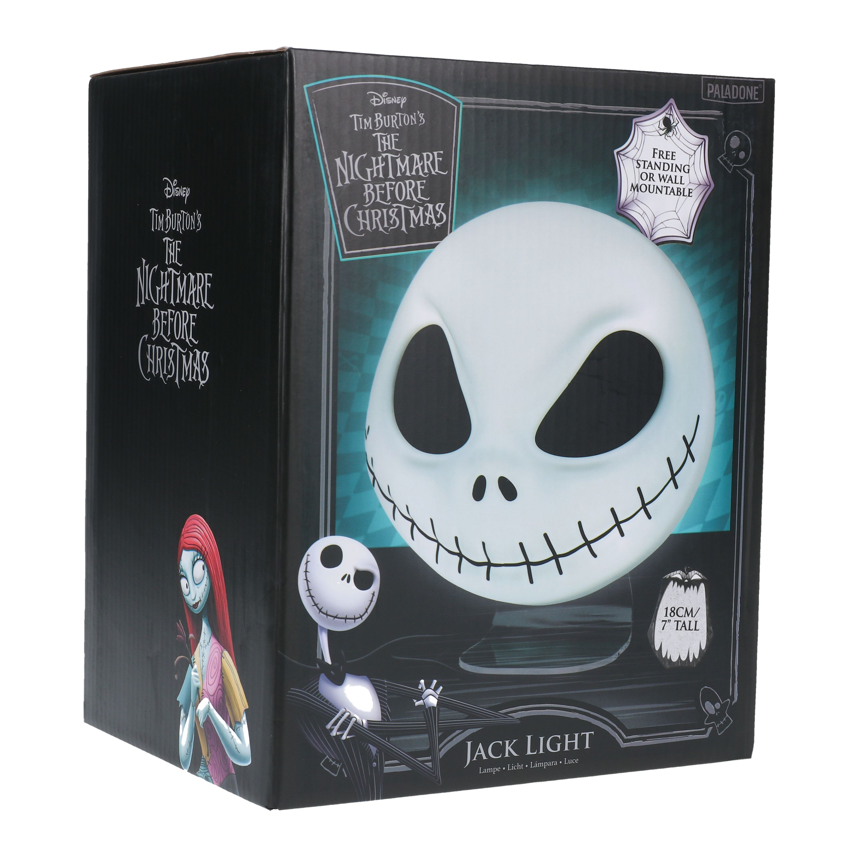 Jack Skellington Lampe in einer Box mit dekorativen Elementen.