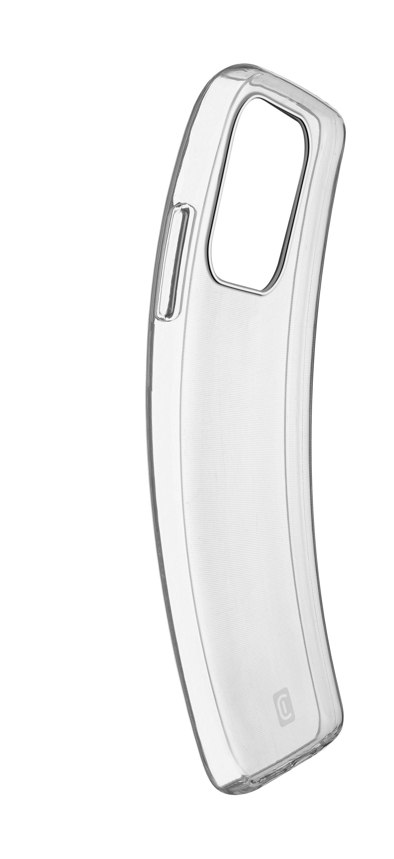 Eine transparente Handyhülle mit geschwungenem Design, Seitenansicht, auf weißem Hintergrund.