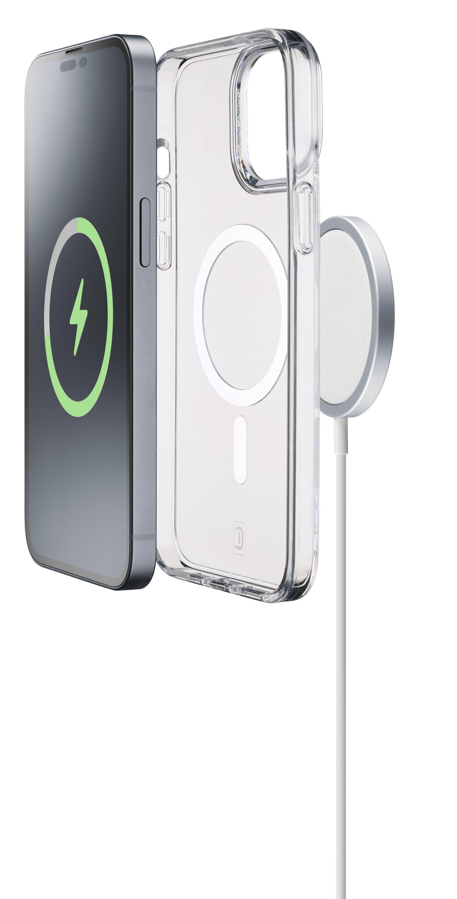 iPhone mit transparentem Case und angeschlossenem MagSafe-Ladegerät. Weißes Kabel sichtbar.