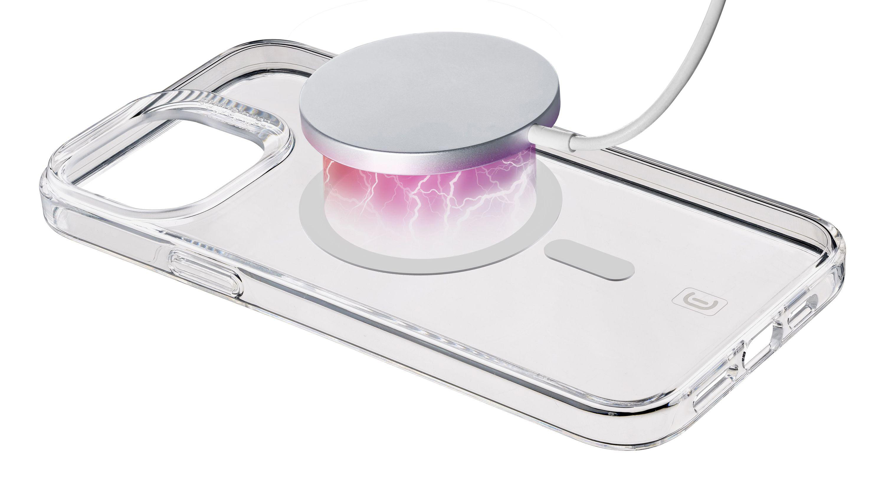 Transparente Handyhülle mit silbernem MagSafe-Ladegerät.