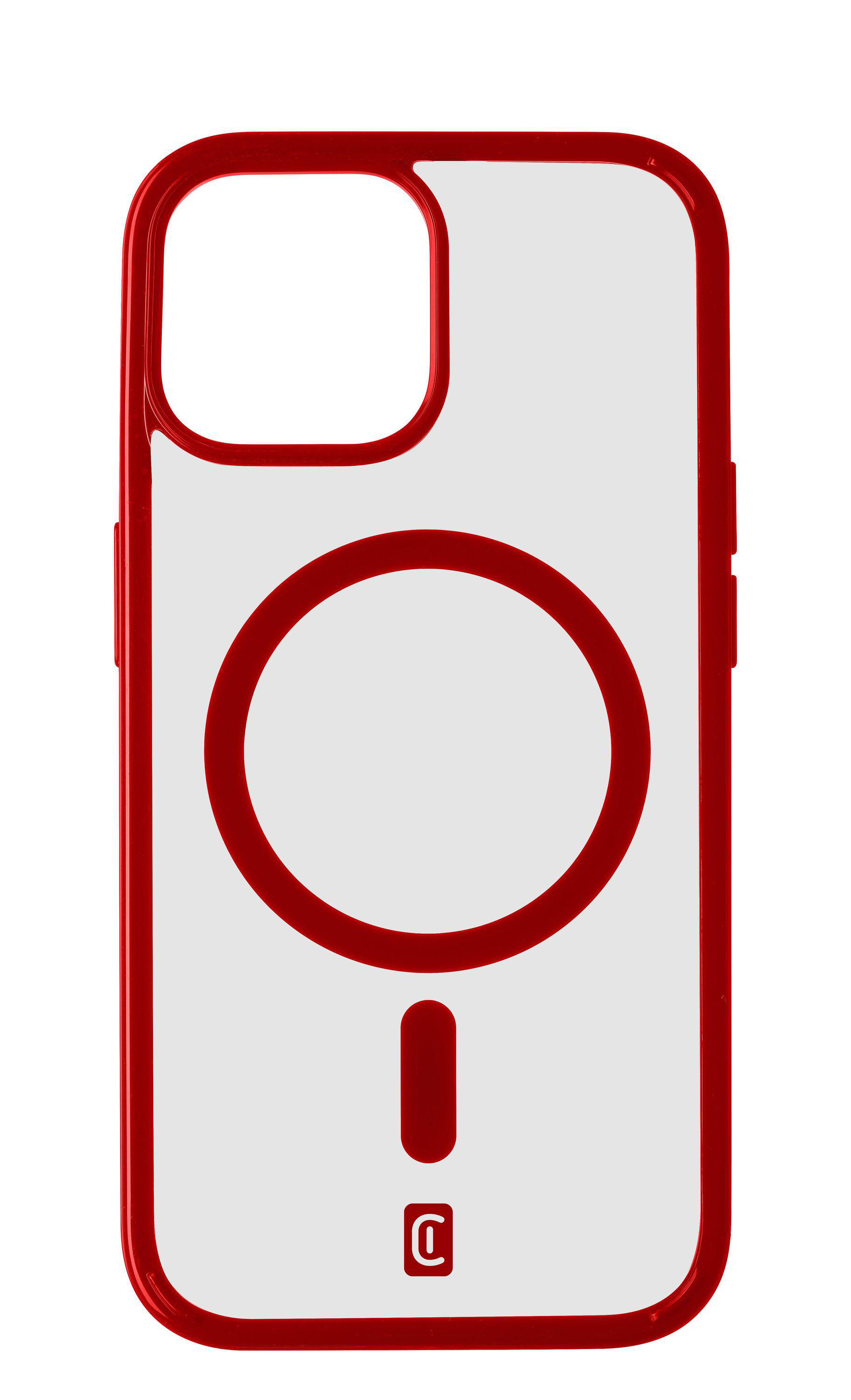 Transparente iPhone-Hülle mit rotem Rahmen, rotem Kreiselement und unterem Rechteck.