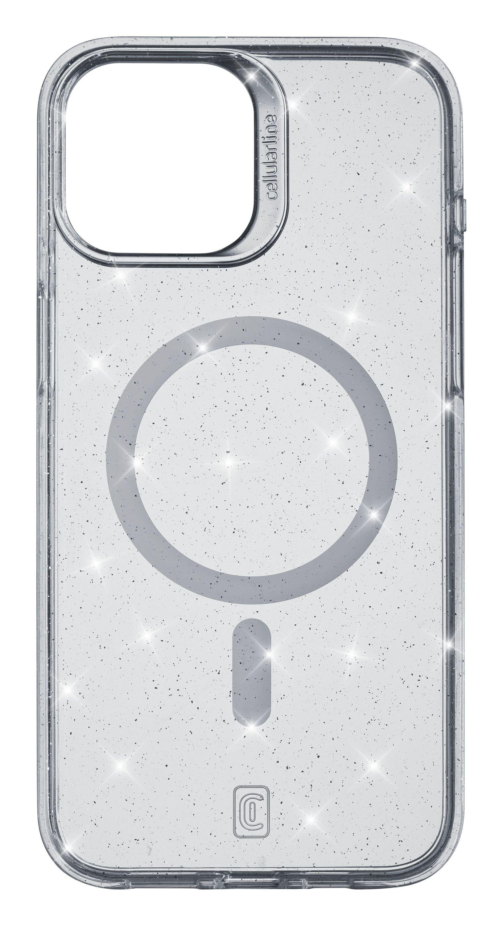 Transparente iPhone-Hülle mit Glitzer. Ein grauer Kreis und ein Rechteck sind in der Hülle.