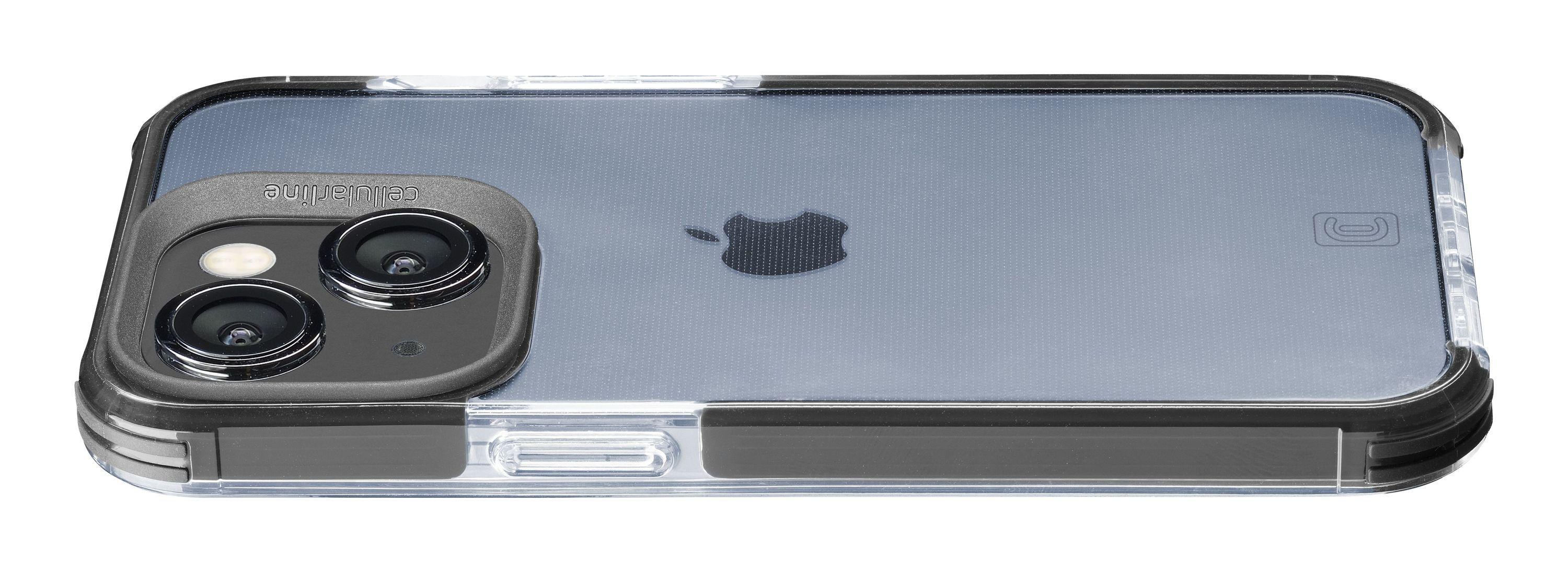 iPhone in einer transparenten Handyhülle, zeigt Kamera und Apple-Logo.
