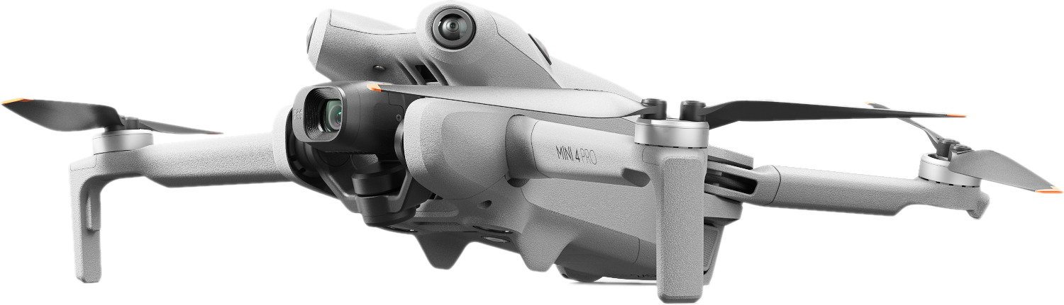 Grijze drone met camera en propellers.