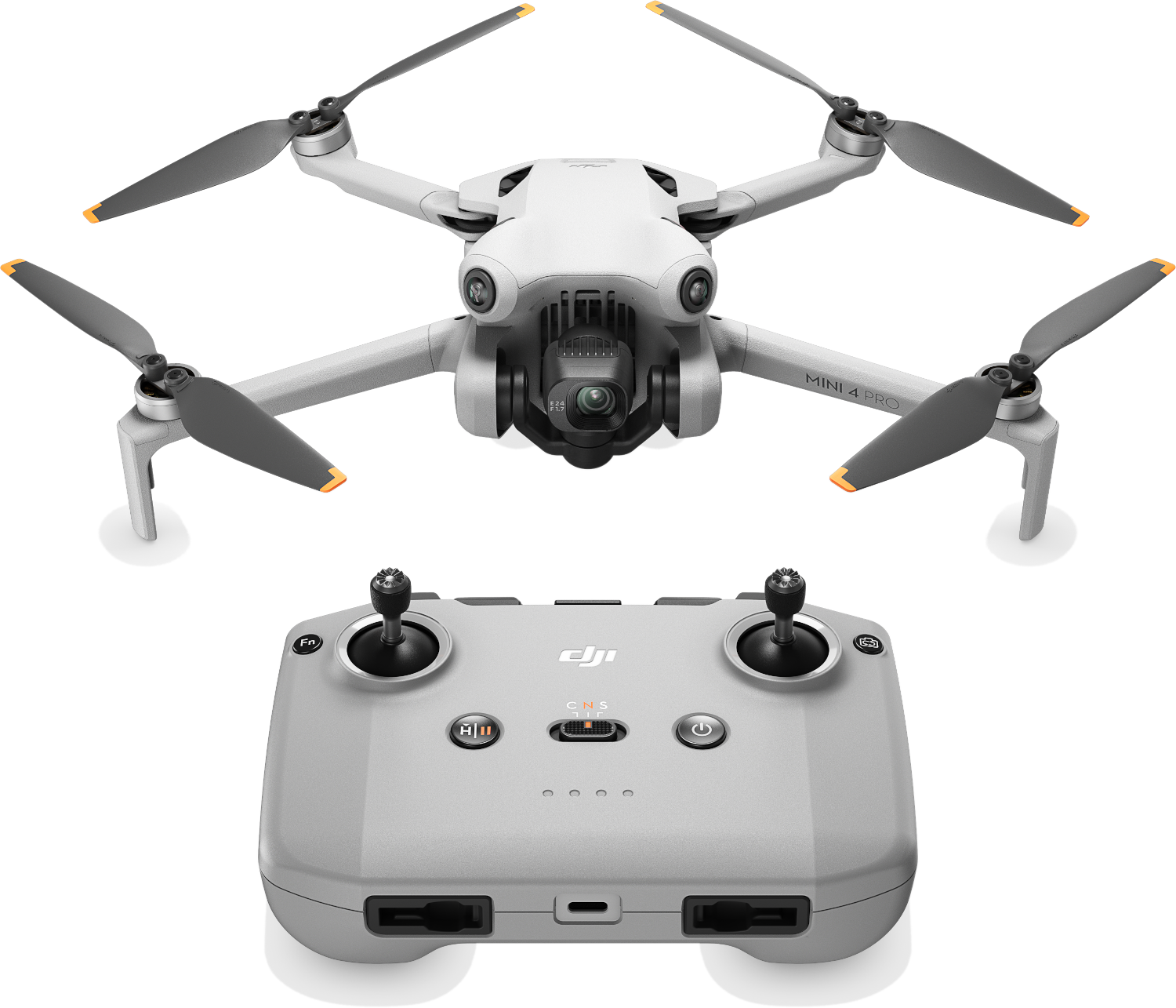 Een drone en de afstandsbediening op een zwarte achtergrond. De drone heeft vier propellers.