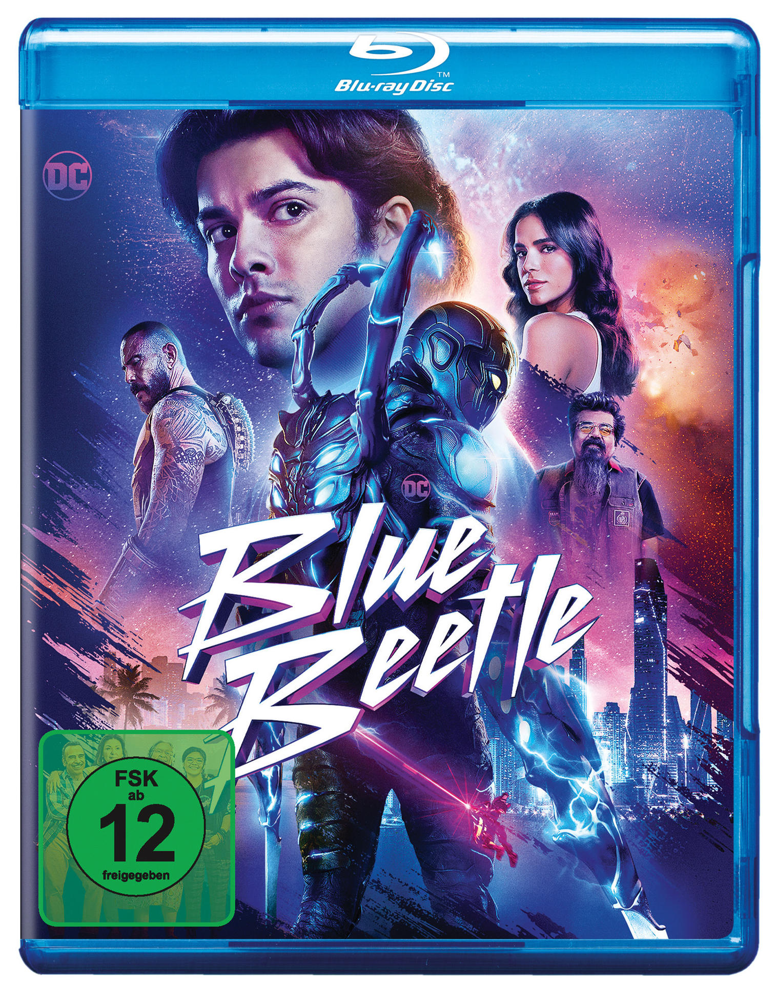Blue Beetle Blu-ray-Cover mit mehreren Charakteren, Stadtkulisse und grünem Rating-Logo.