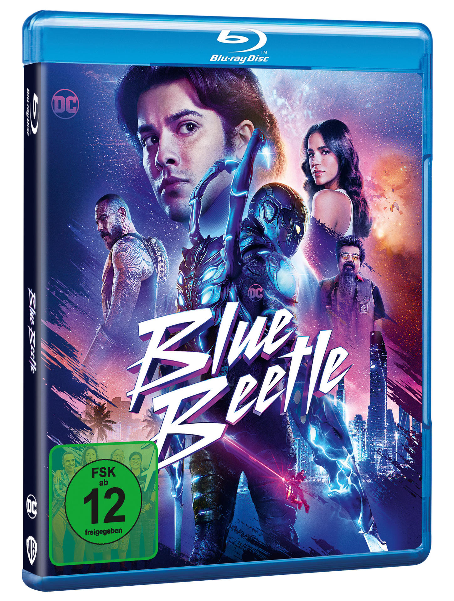 Blue Beetle DVD-Hülle. Es hat Schauspieler und den Filmtitel. Die Bewertung ist FSK 12.