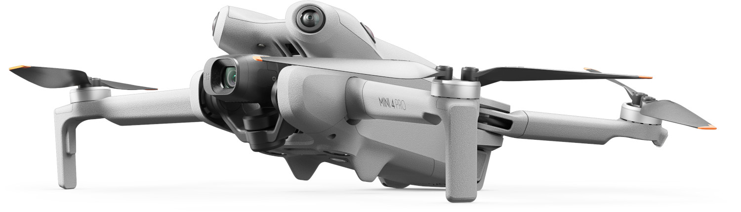 Witte en grijze drone met uitgevouwen propellers, schuine weergave.
