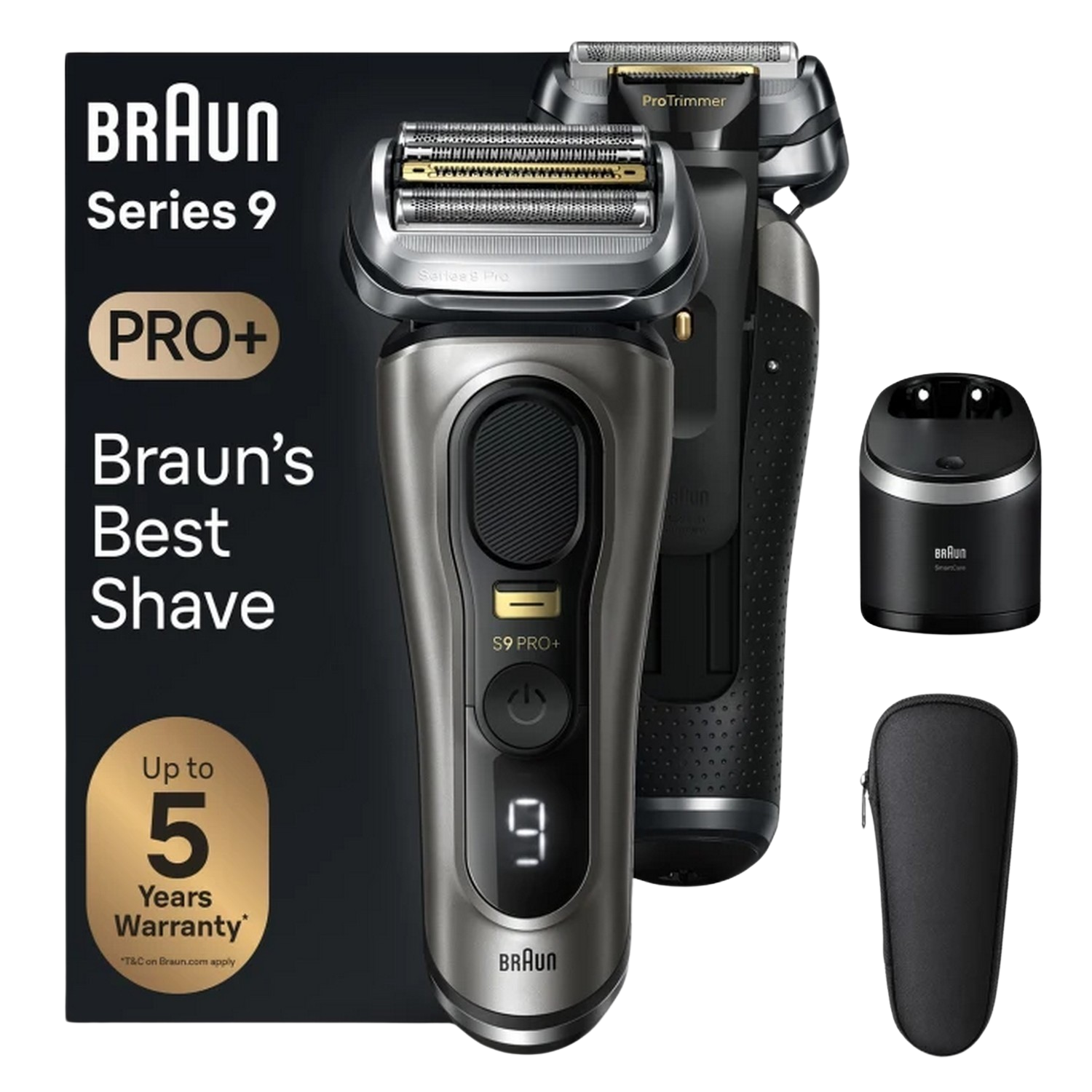Rasoir électrique Braun Series 9 Pro+ avec accessoires sur fond noir.