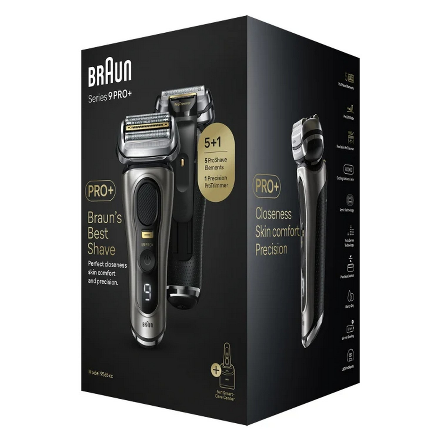 Boîte avec deux rasoirs Braun Series 9 Pro+ et une station de charge. Comprend du texte et des graphiques.