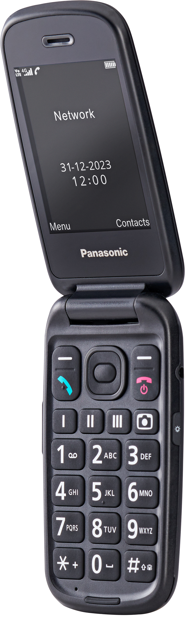 Egy fekete Panasonic kagylótelefon nyitott képernyővel, amely az időt, a dátumot és a hálózatot mutatja.