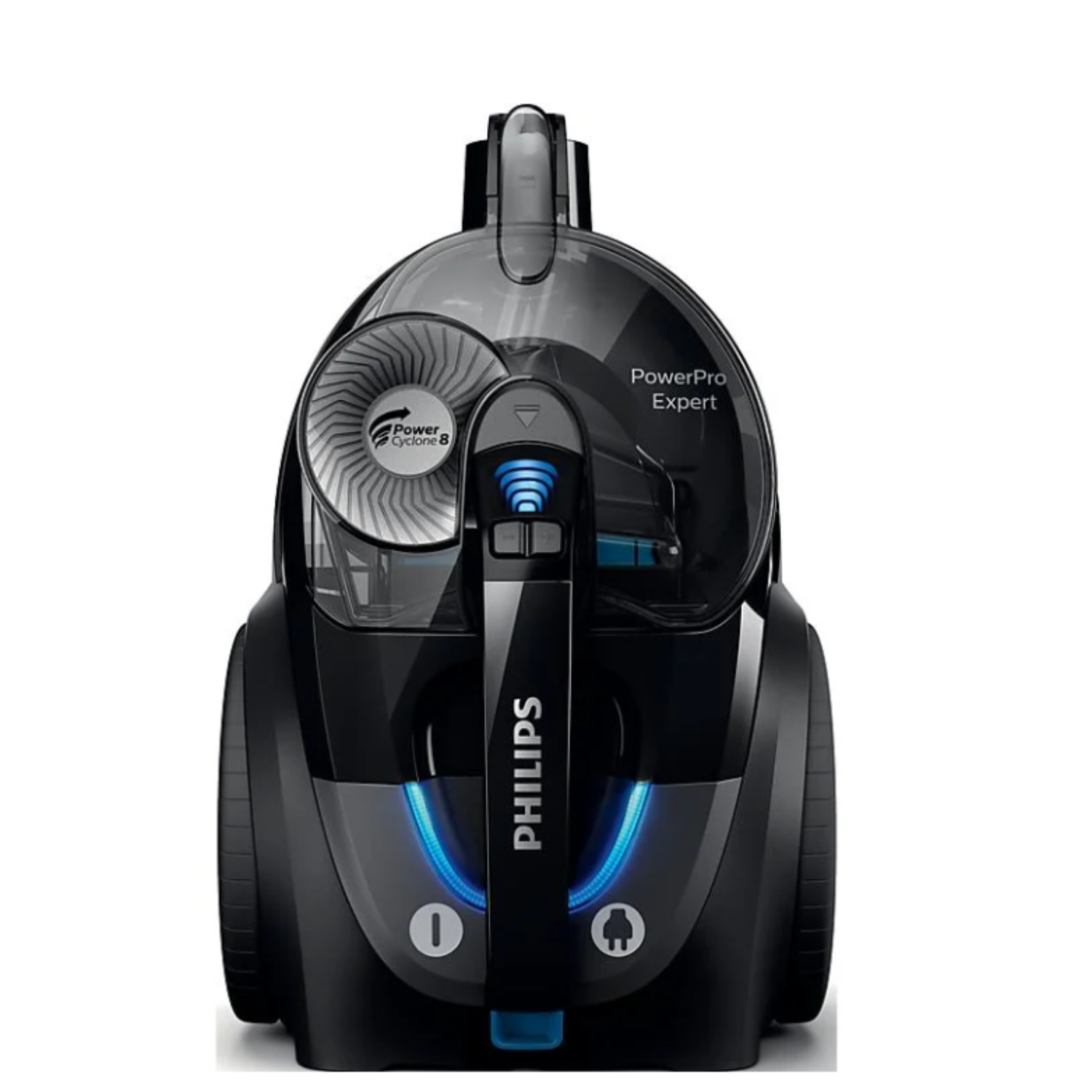 Zwarte stofzuiger met blauwe lichten, Power Cyclone 8 en PowerPro Expert logo's.